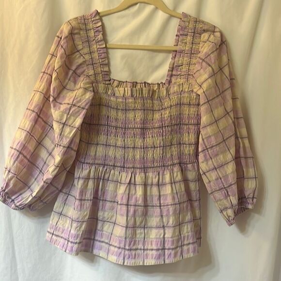 Ganni Seersucker Smocked Check Plaid Square Neck Poplin Top Size 38 - Picture 3 of 6